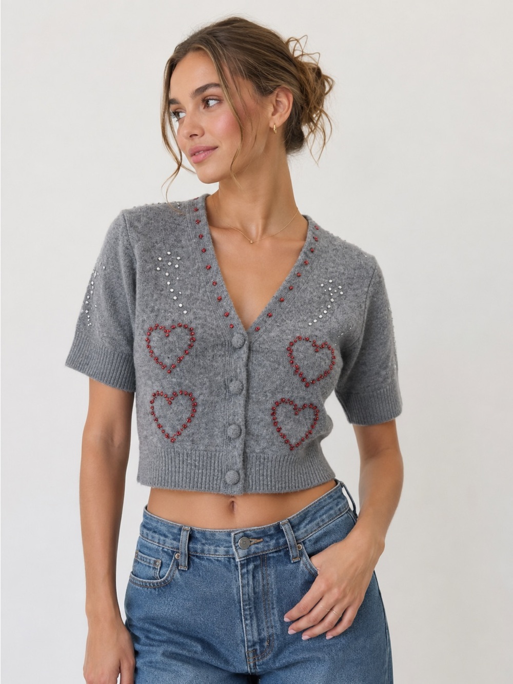 Zara Gray Cropped Cardigan with Red Heart Embroidery and Rhinestones